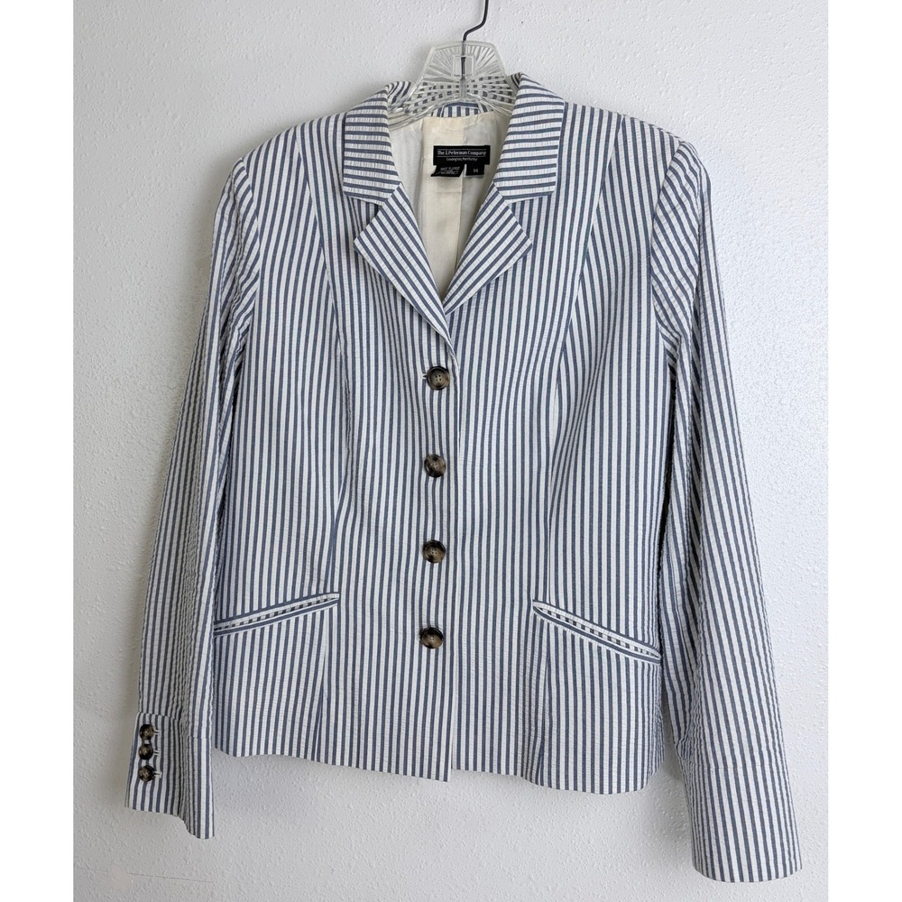 J. Peterman Blue White Seersucker Striped Cotton Blazer Womens Size 14